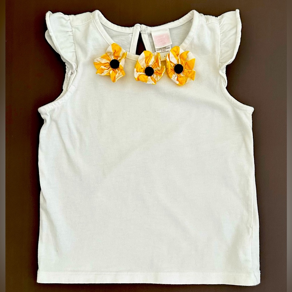 Janie and Jack Kids Girl Tee Shirt, Sunflower, White Yellow Flowers, Size 4 US